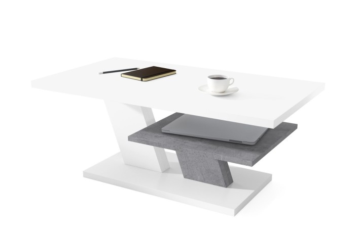 CLIFF MAT Weiß Matt/Beton (Grau) - Couchtisch mit Ablageboden Tisch Kaffeetisch Sofatisch