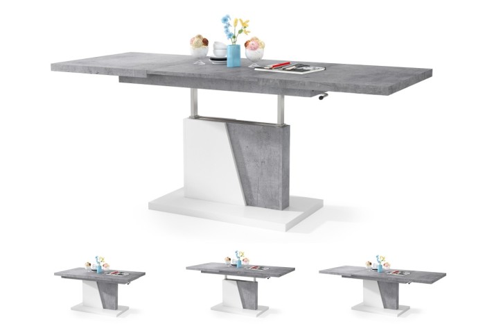 GRAND NOIR Beton (Grau)/Weiß Matt - Couchtisch Kaffeetisch Sofatisch Ausziehbar Tisch Funktionscouchtisch mit einstellbarer Höhe
