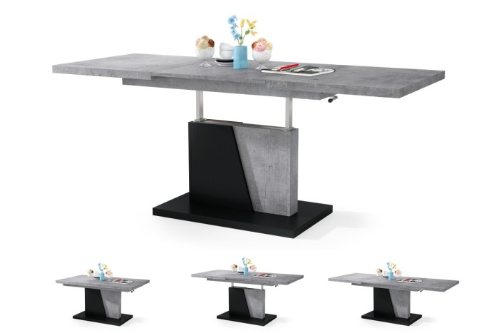 GRAND NOIR Beton (Grau)/Schwarz - Couchtisch Kaffeetisch Sofatisch Ausziehbar Tisch Funktionscouchtisch mit einstellbarer Höhe