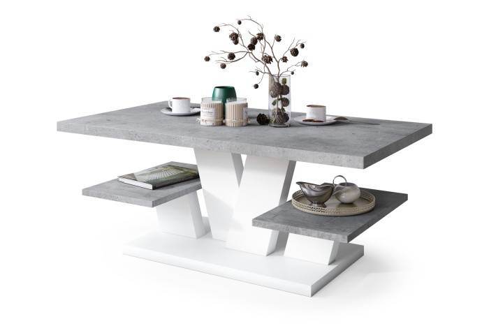 VIVA MAT Beton (Grau)/Weiß Matt - Moderne Couchtisch mit Ablageböden Tisch Kaffeetisch Sofatisch