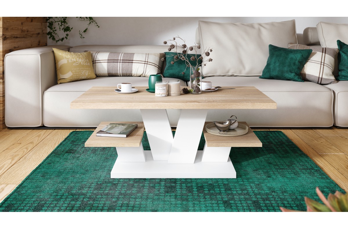 VIVA MAT Sonoma Eiche/Weiß Matt - Moderne Couchtisch mit Ablageböden Tisch  Kaffeetisch Sofatisch | Ansteckplatten