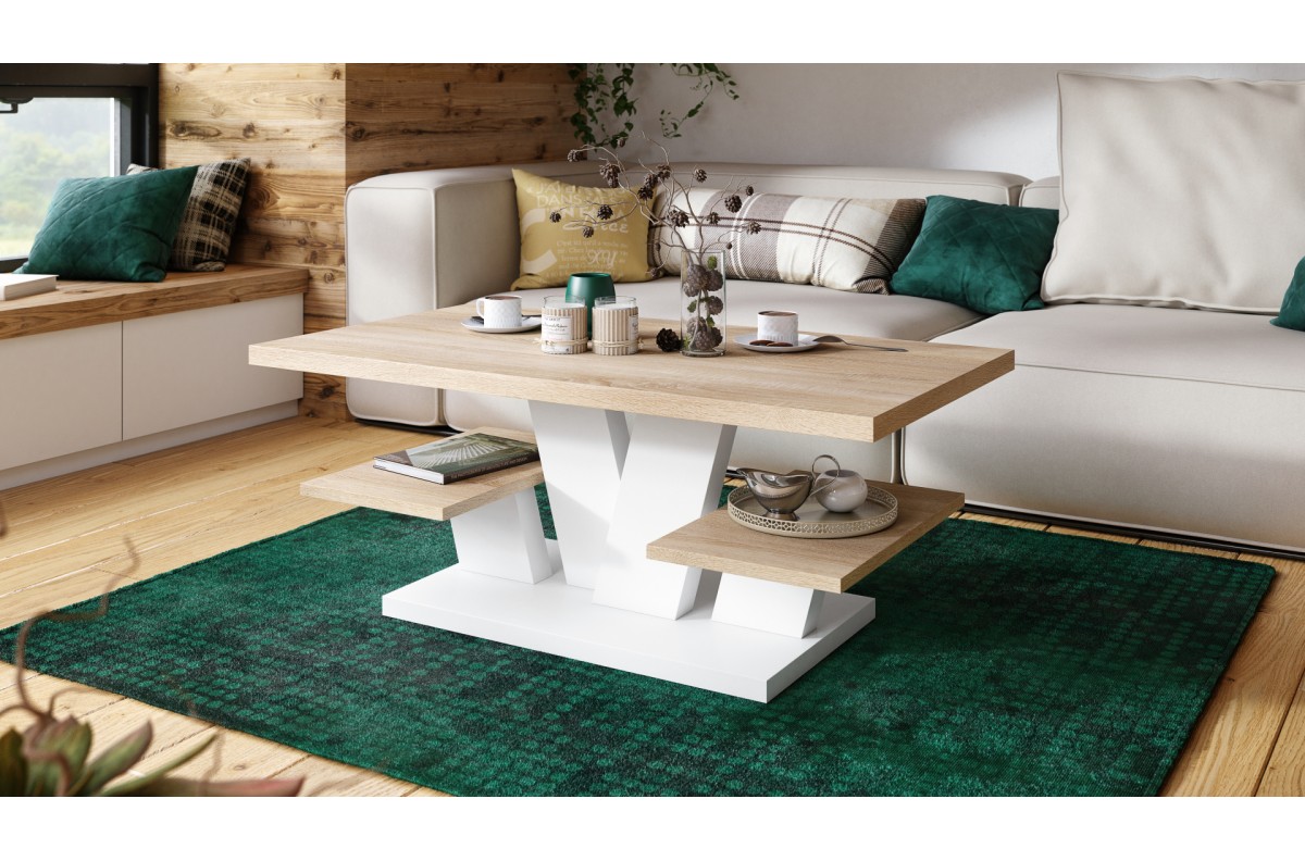 Kaffeetisch Sofatisch Ablageböden mit - VIVA MAT Moderne Sonoma Couchtisch Matt Eiche/Weiß Tisch