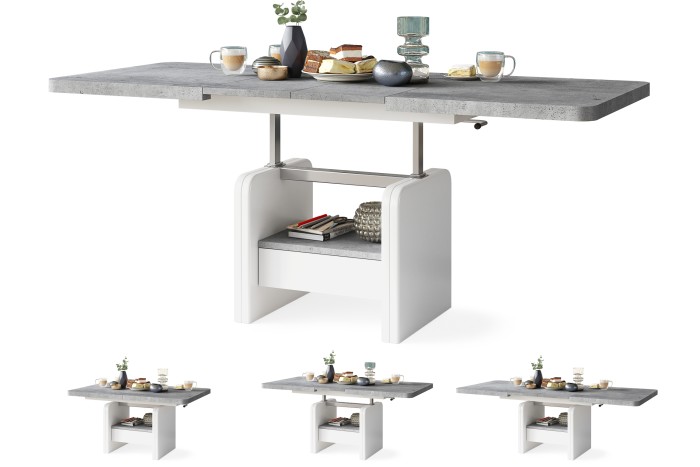 LEXUS Beton/Weiß Matt - Modern Couchtisch Kaffeetisch Sofatisch Ausziehbar Tisch mit einstellbarer Höhe