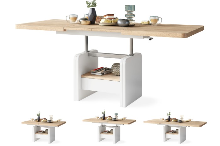LEXUS Sonoma Eiche/Weiß Matt - Modern Couchtisch Kaffeetisch Sofatisch Ausziehbar Tisch mit einstellbarer Höhe