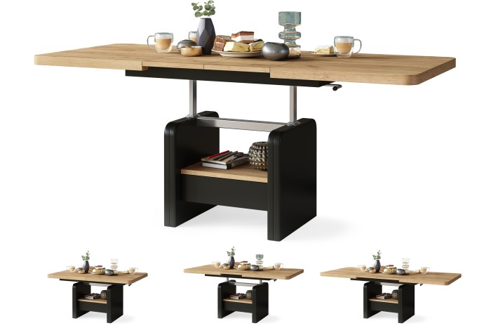 LEXUS Gold Craft Eiche/Schwarz Matt - Modern Couchtisch Kaffeetisch Sofatisch Ausziehbar Tisch mit einstellbarer Höhe