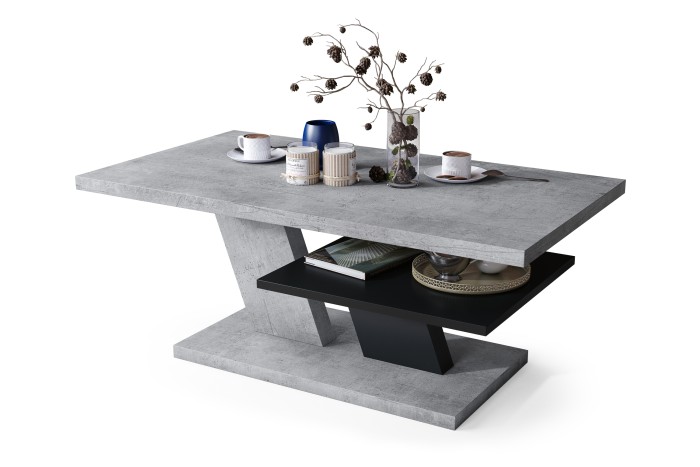 CLIFF MAT Beton (Grau)/Schwarz - Couchtisch mit Ablageboden Tisch Kaffeetisch Sofatisch