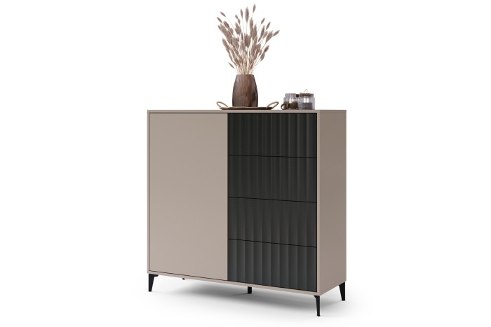 Kommode RIMINI K-123S Beige Taupe/Schwarz Matt - MODERNER SCHRANK MIT FÄCHER UND GERIFFELTEN FRONTEN