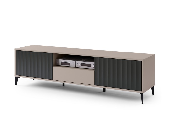 TV-Möbel RIMINI RTV-182 Beige Taupe/Schwarz Matt - MODERNER WOHNZIMMER TV SCHRANK MIT SCHUBFÄCHER/ABLAGE UND GERIFFELTEN FRONTEN