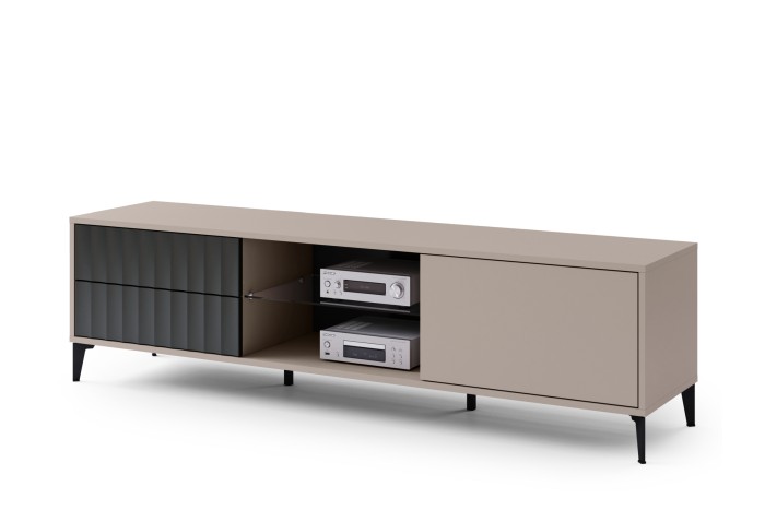 TV-Möbel RIMINI RTV-182SK Beige Taupe/Schwarz Matt - MODERNER WOHNZIMMER TV SCHRANK MIT SCHUBFÄCHER UND GERIFFELTEN FRONTEN